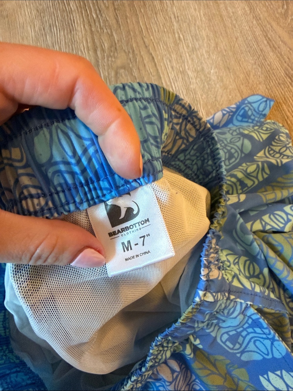 Bearbottom- Men's Blue Tiki Print Swim Trunks - Elastic Waist - Picture 3 of 3